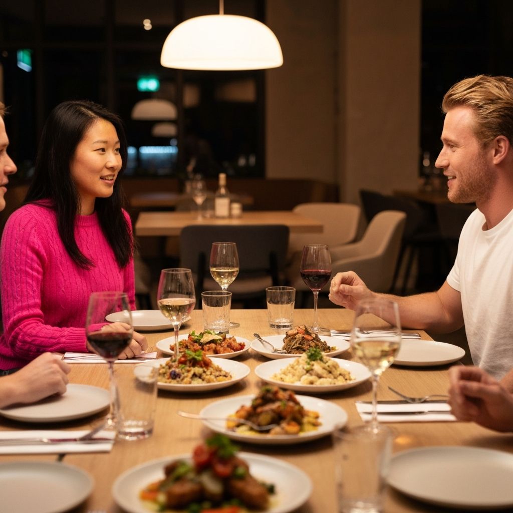 Restoranski sto sa deljenim jelima, prijateljski okupljanje